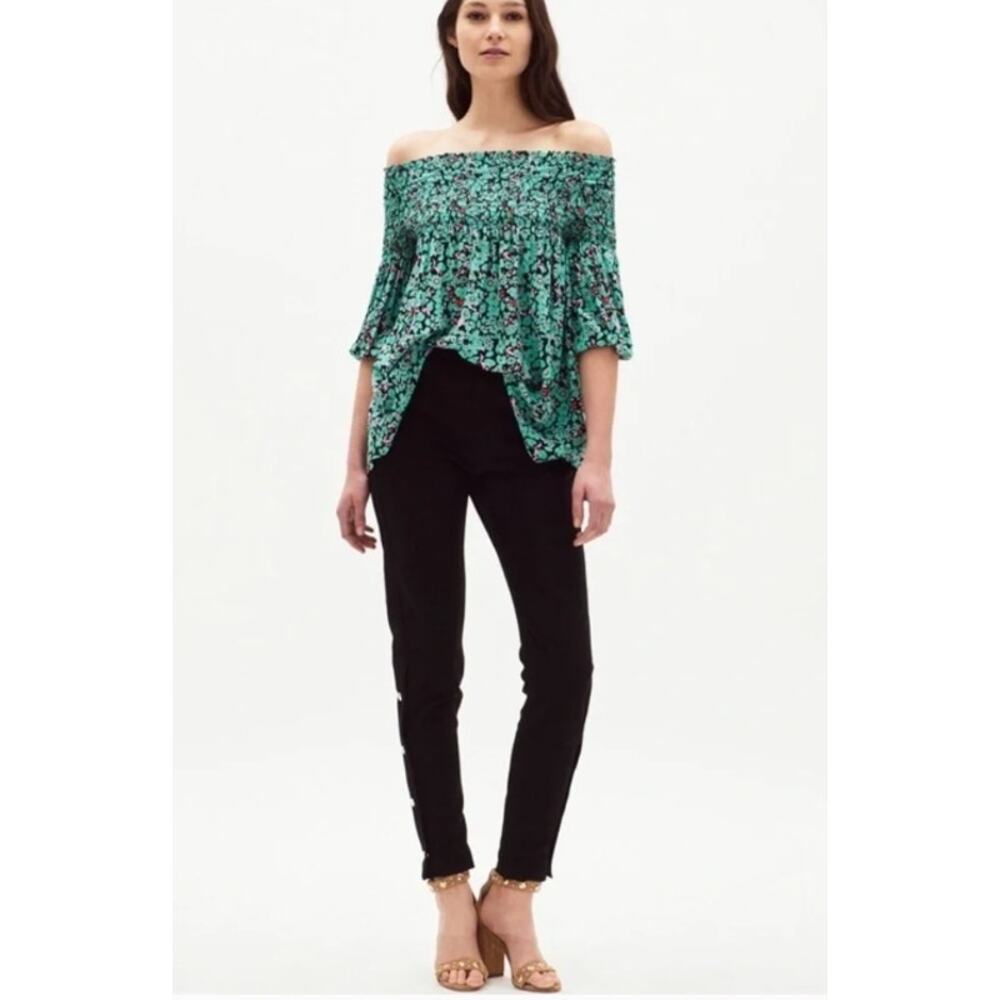 Maje Lafine green floral off-the-shoulder smocked top size small (1)